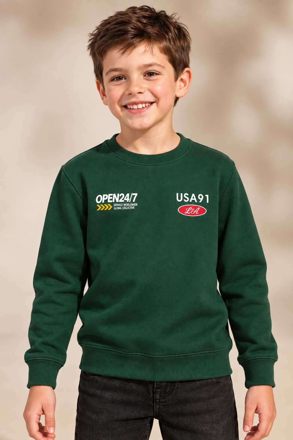 Junior Boys Hunter Green Graphic Sweatshirt – Cotton Brushed Fleece Regular Fit Crew Neck