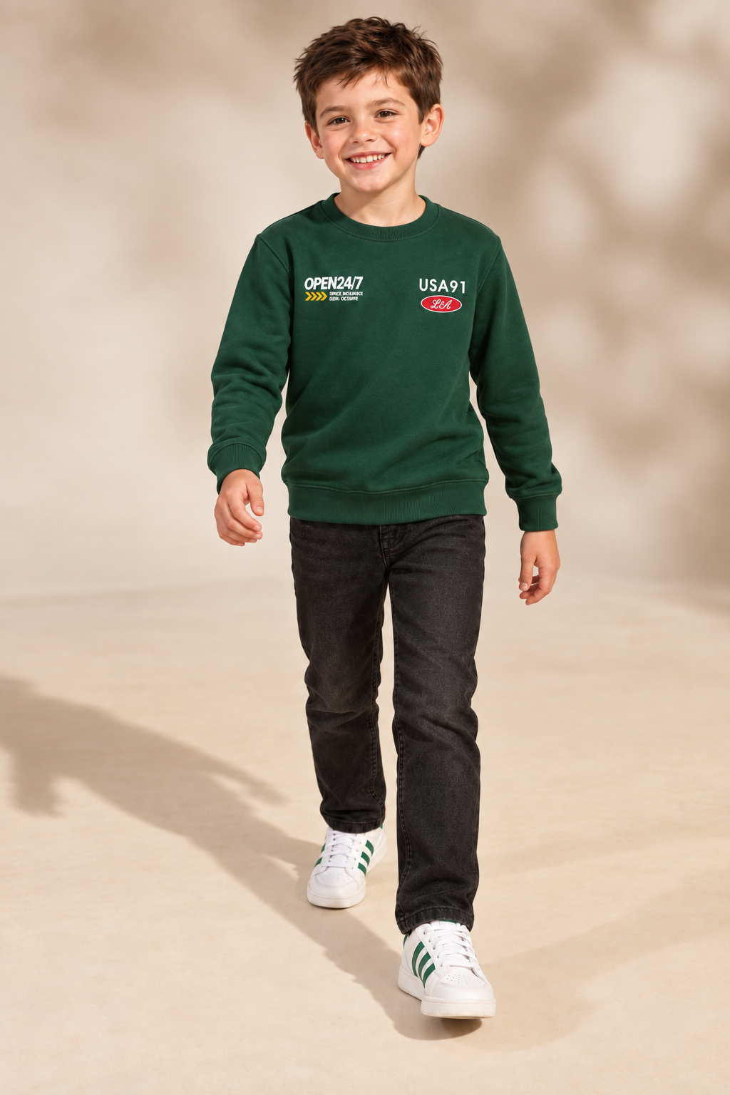Junior Boys Hunter Green Graphic Sweatshirt – Cotton Brushed Fleece Regular Fit Crew Neck