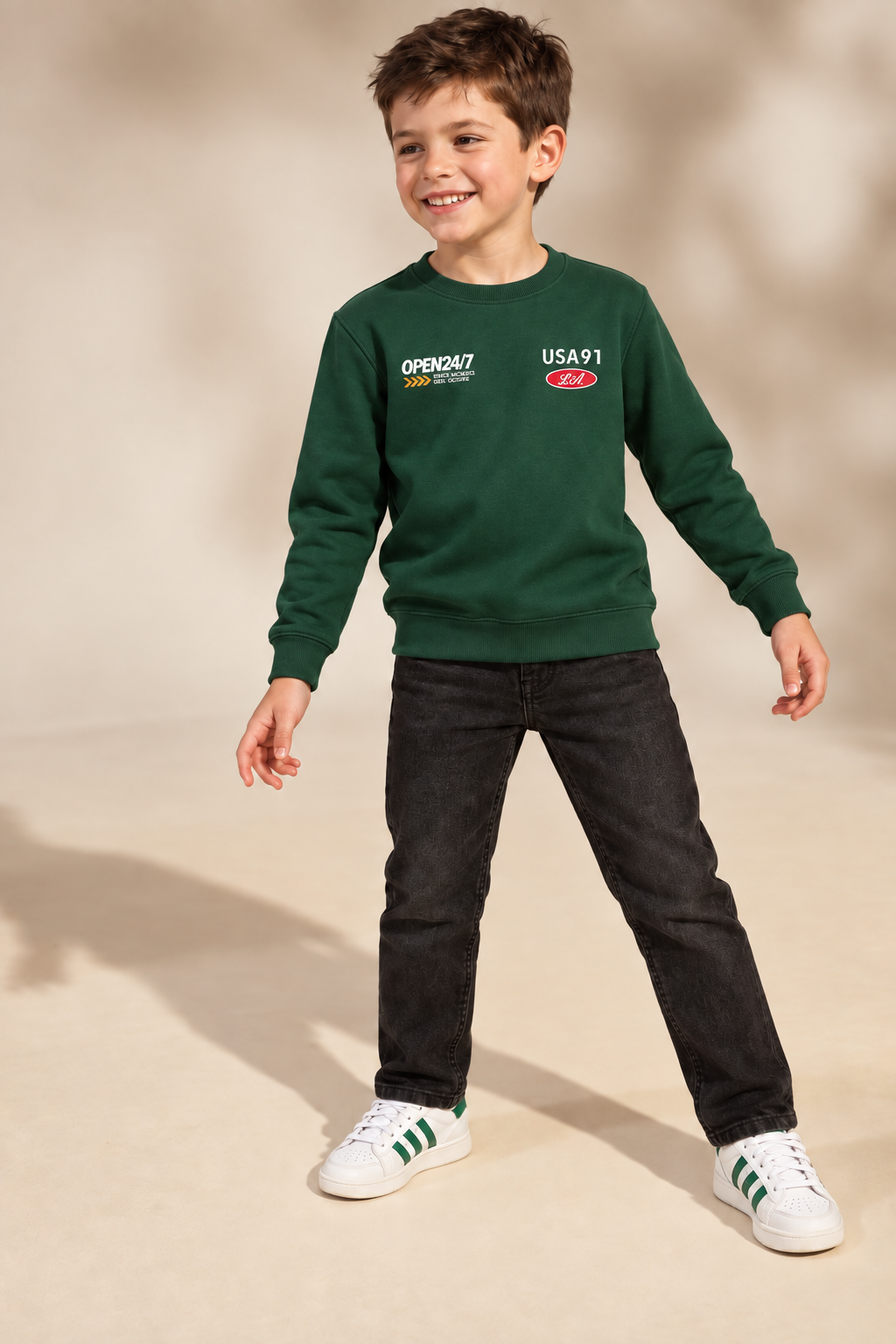 Junior Boys Hunter Green Graphic Sweatshirt – Cotton Brushed Fleece Regular Fit Crew Neck