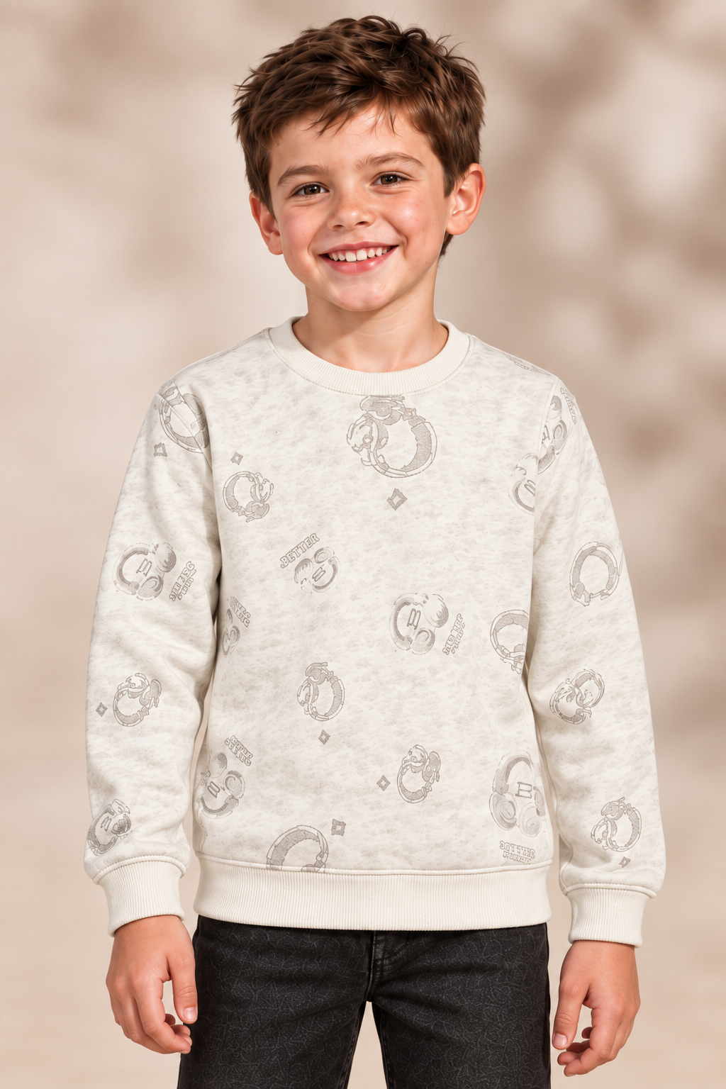 Junior Boys Stone Printed Sweatshirt – Cotton Brushed Fleece Regular Fit Crew Neck