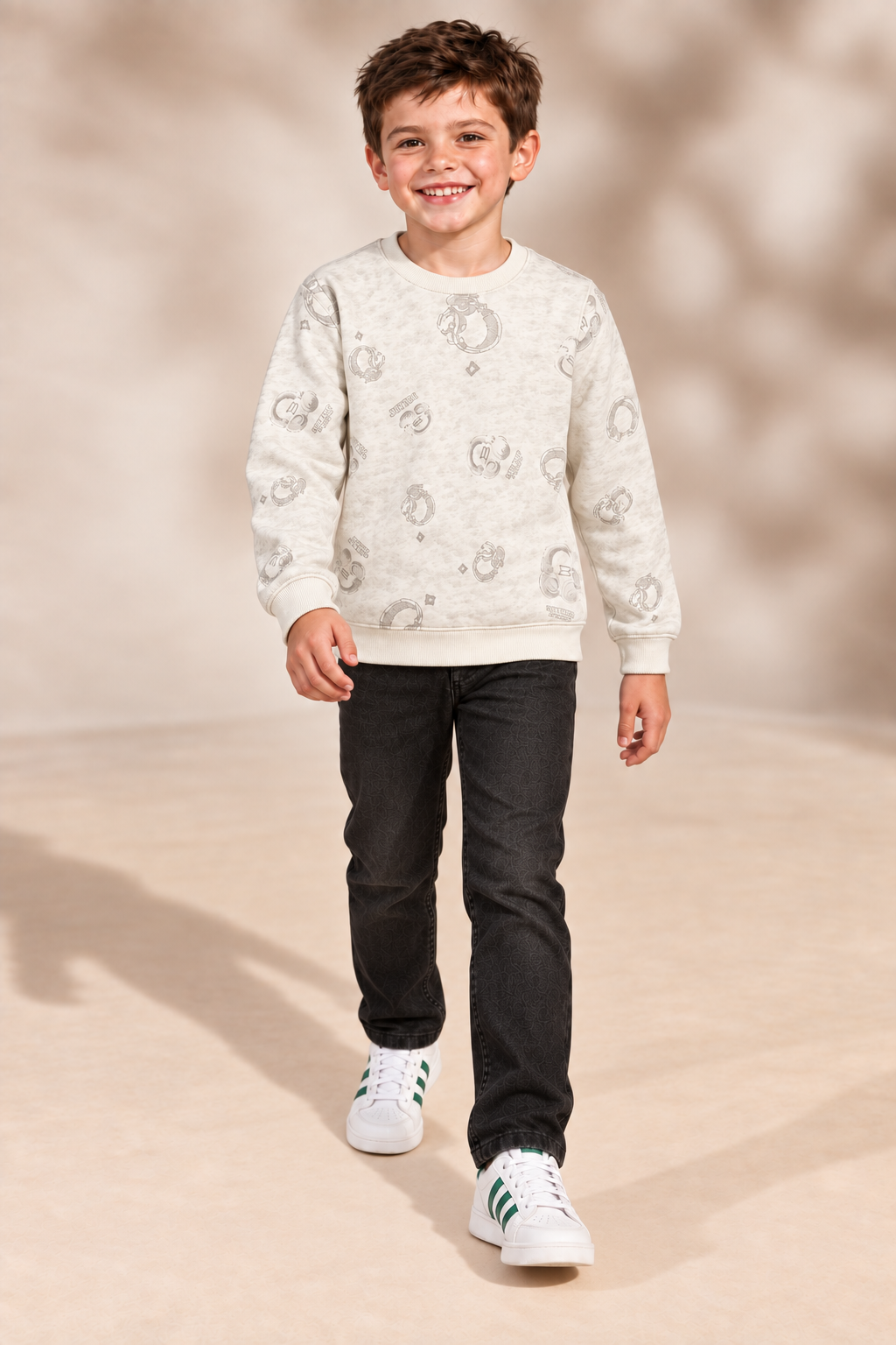 Junior Boys Stone Printed Sweatshirt – Cotton Brushed Fleece Regular Fit Crew Neck