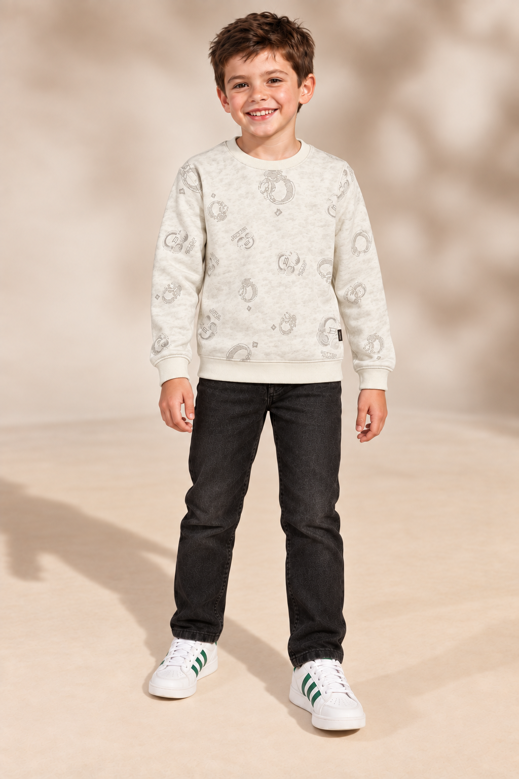 Junior Boys Stone Printed Sweatshirt – Cotton Brushed Fleece Regular Fit Crew Neck