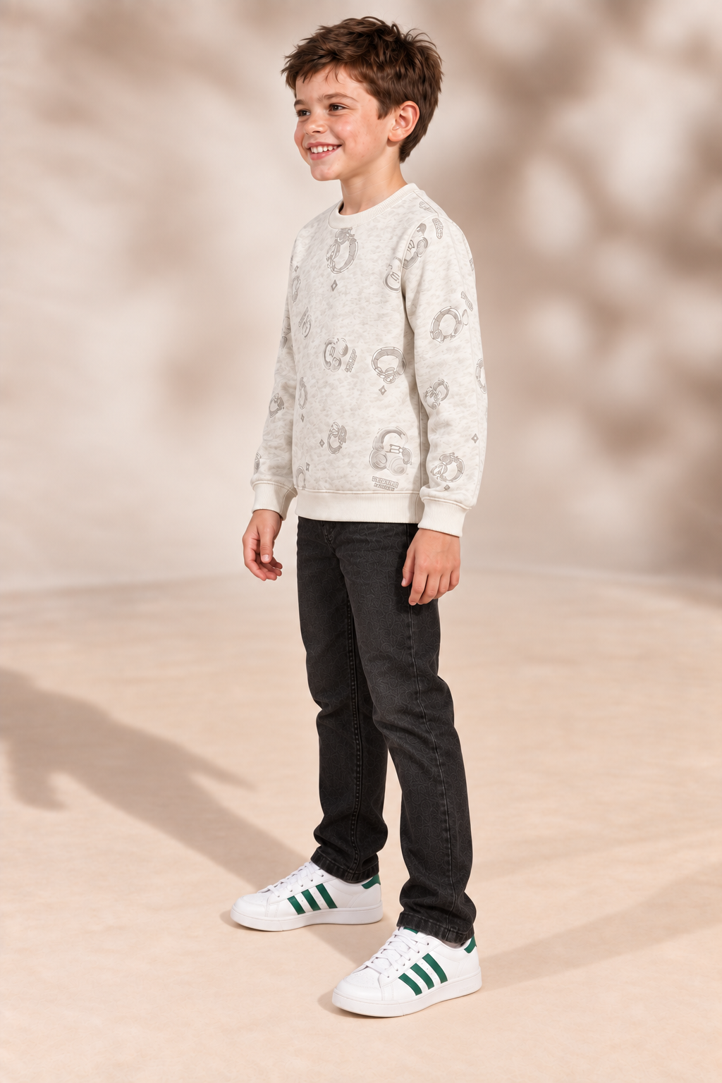 Junior Boys Stone Printed Sweatshirt – Cotton Brushed Fleece Regular Fit Crew Neck