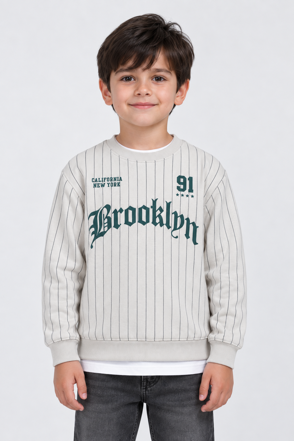 Junior Boys Grey Dawn Striped Graphic Sweatshirt – Cotton Brushed Fleece Regular Fit