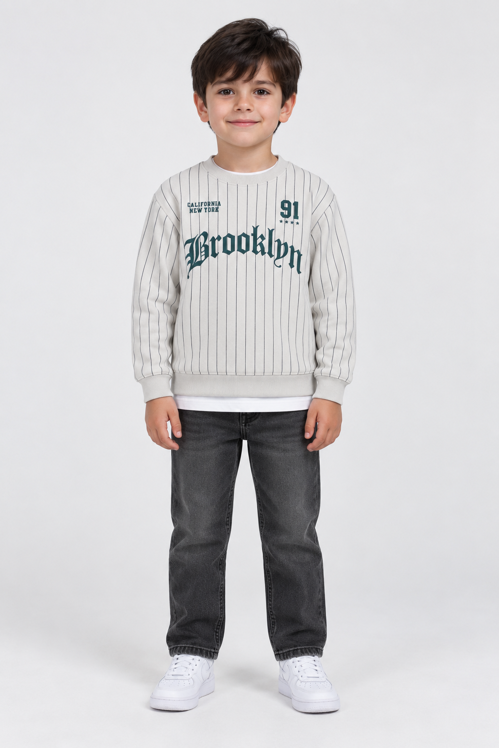 Junior Boys Grey Dawn Striped Graphic Sweatshirt – Cotton Brushed Fleece Regular Fit
