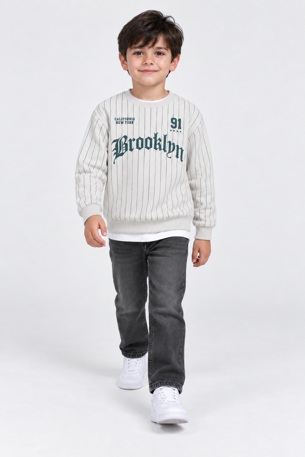 Junior Boys Grey Dawn Striped Graphic Sweatshirt – Cotton Brushed Fleece Regular Fit