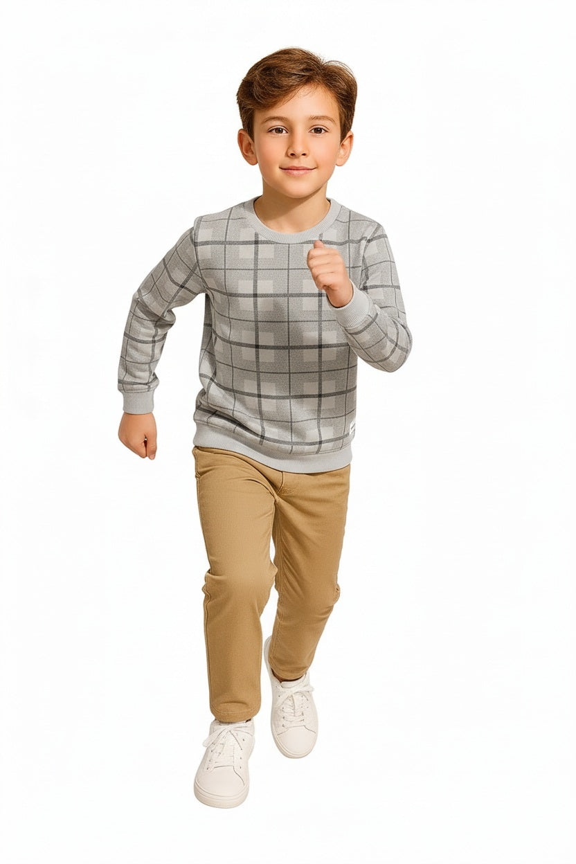 Boys Round Neck Checked Sweatshirt