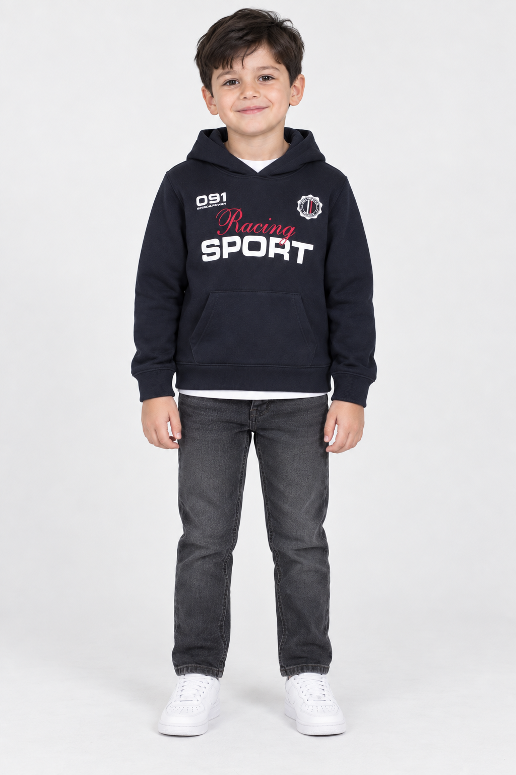 Junior Boys Navy Graphic Hoodie – Cotton Brushed Fleece Regular Fit