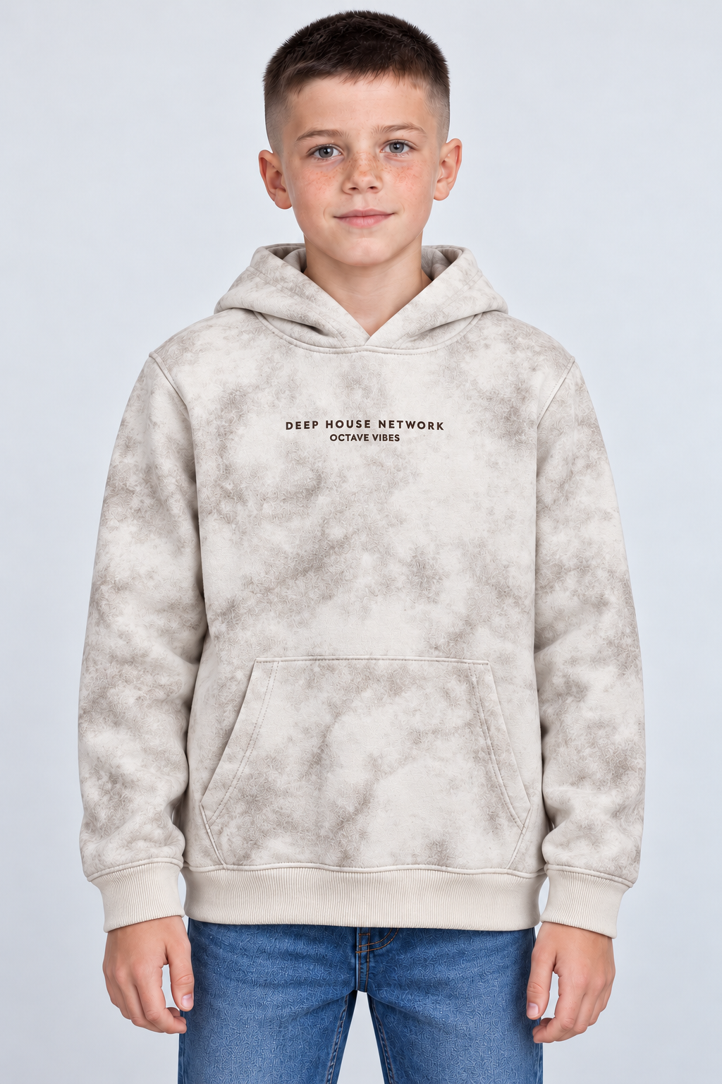 Junior Boy Knitted Brushed Cotton Cream Tie-Dye Hooded Sweatshirt with Graphic Print