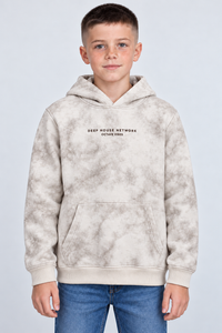 Junior Boy Knitted Brushed Cotton Cream Tie-Dye Hooded Sweatshirt with Graphic Print