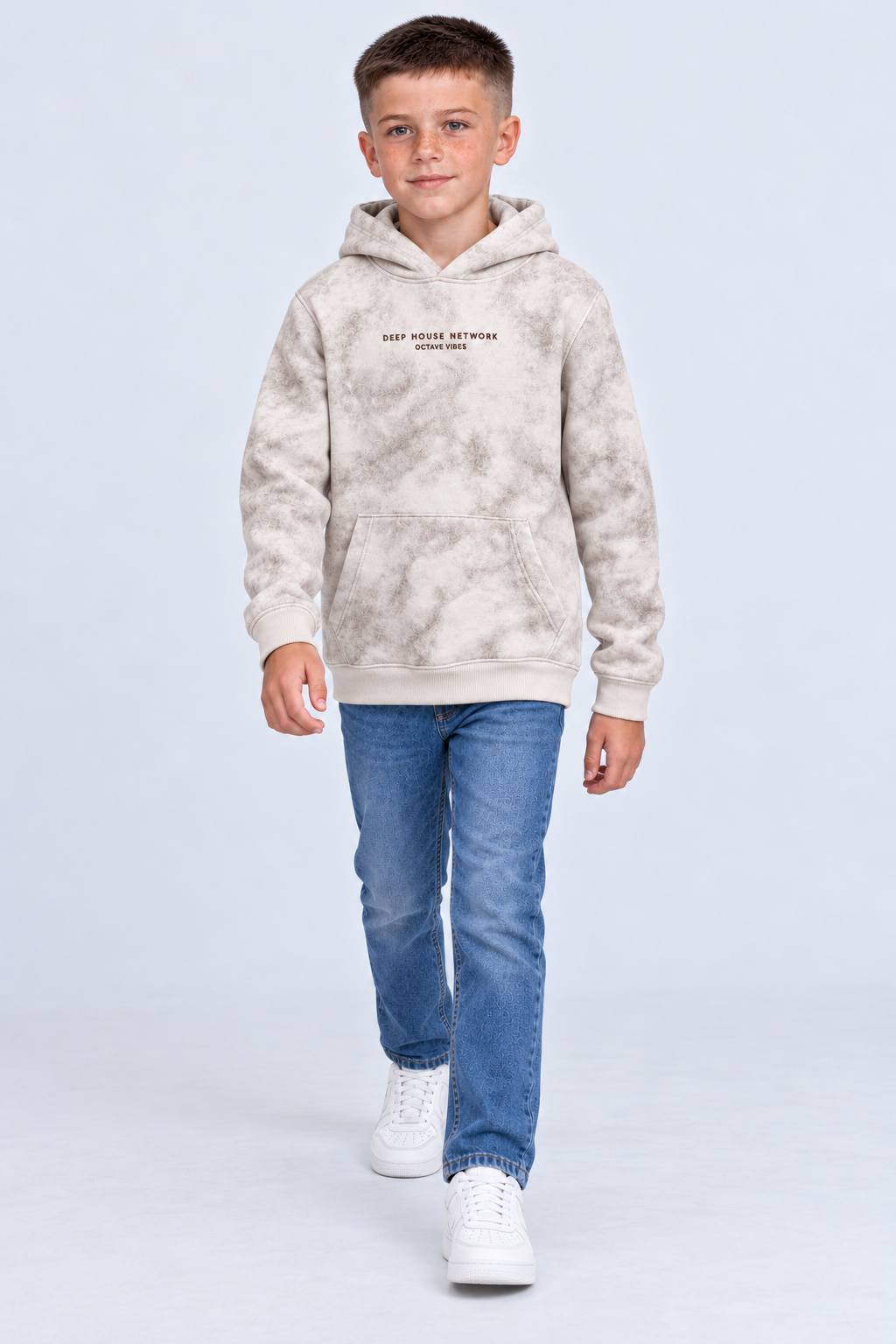 Junior Boy Knitted Brushed Cotton Cream Tie-Dye Hooded Sweatshirt with Graphic Print