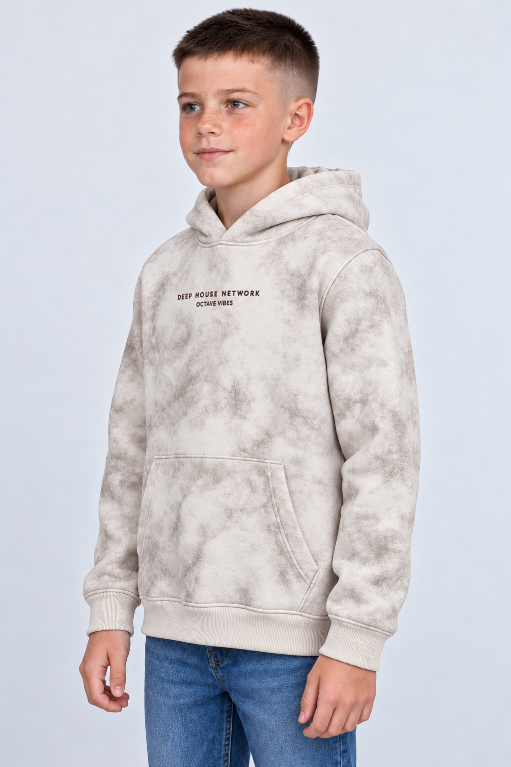 Junior Boy Knitted Brushed Cotton Cream Tie-Dye Hooded Sweatshirt with Graphic Print