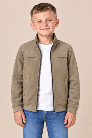 Junior Boys Khaki Knitted Suede Full-Zip Jacket – Regular Fit