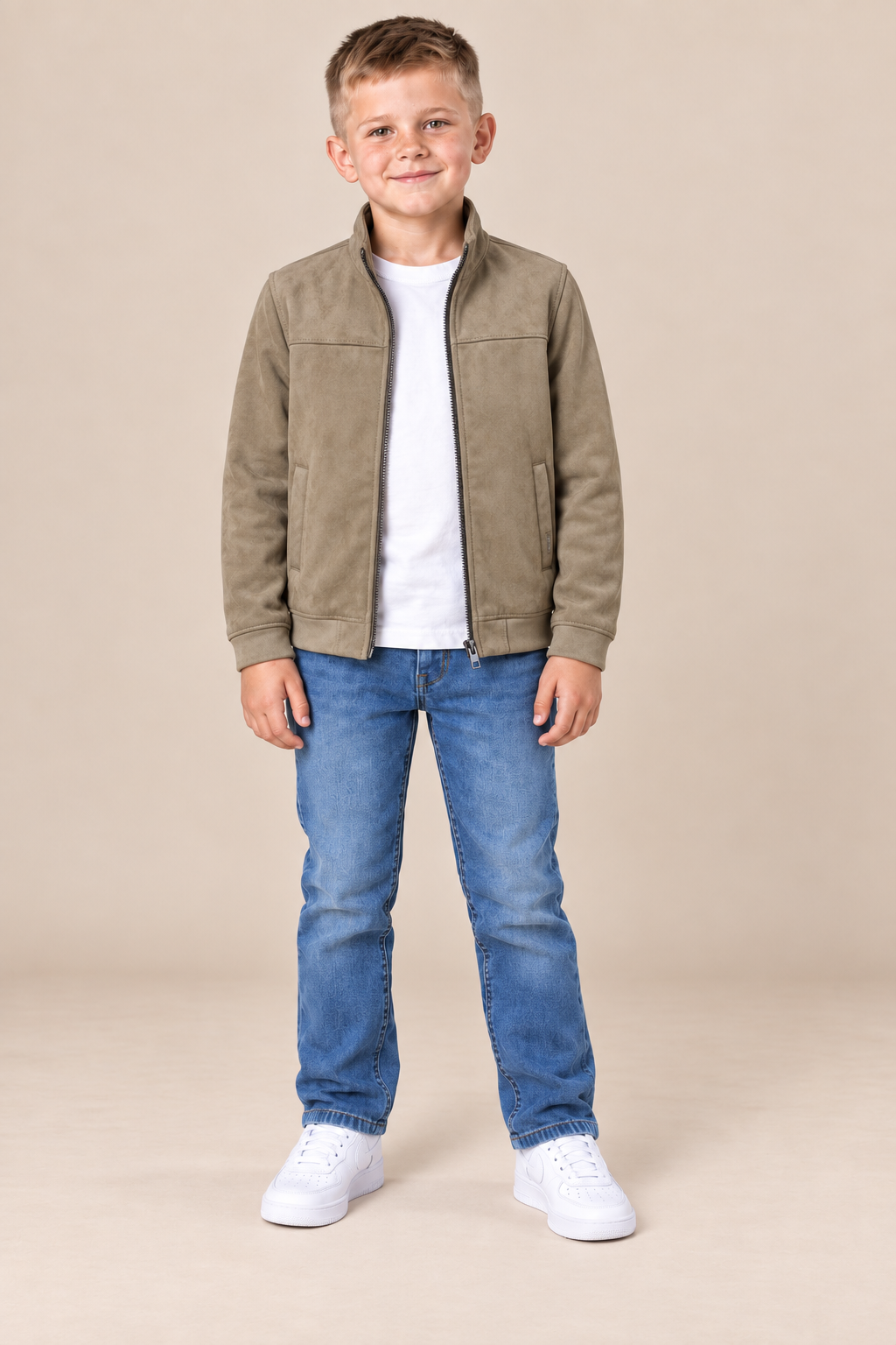Junior Boys Khaki Knitted Suede Full-Zip Jacket – Regular Fit