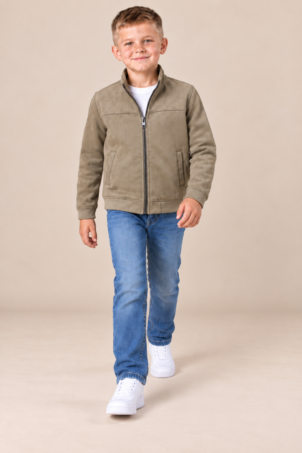 Junior Boys Khaki Knitted Suede Full-Zip Jacket – Regular Fit