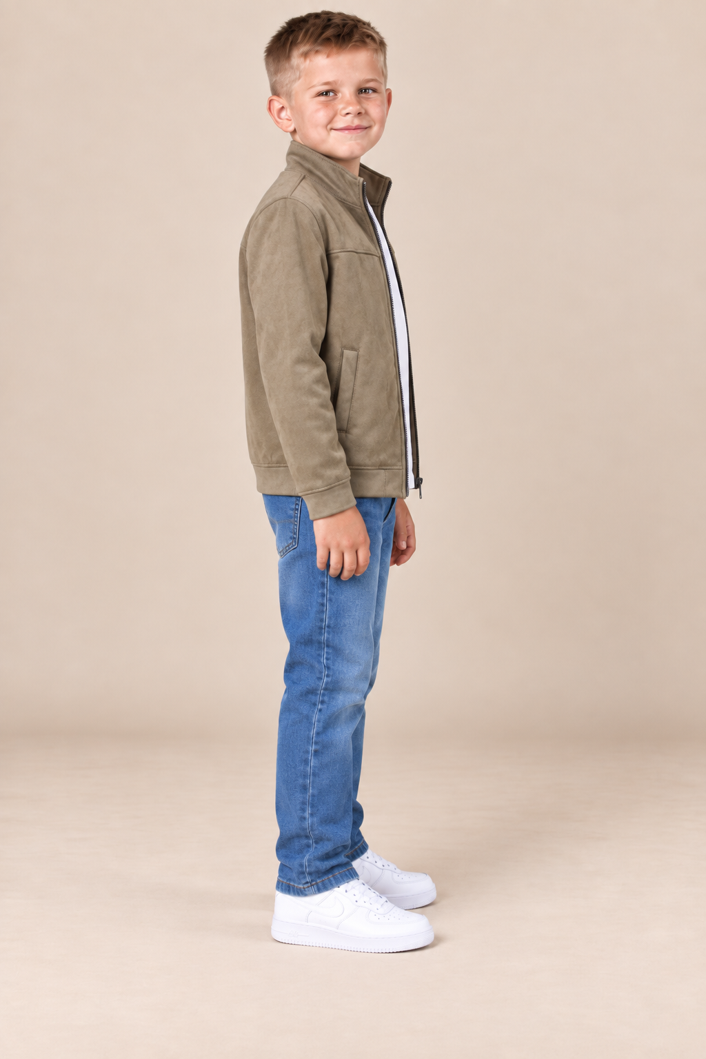 Junior Boys Khaki Knitted Suede Full-Zip Jacket – Regular Fit