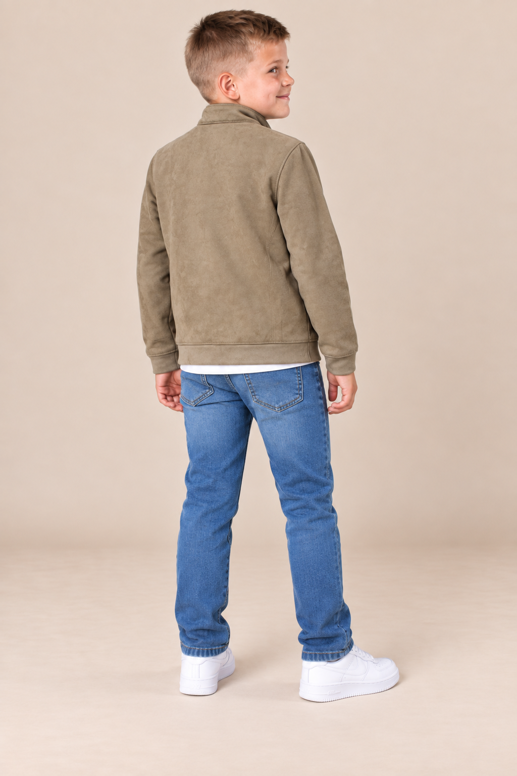 Junior Boys Khaki Knitted Suede Full-Zip Jacket – Regular Fit