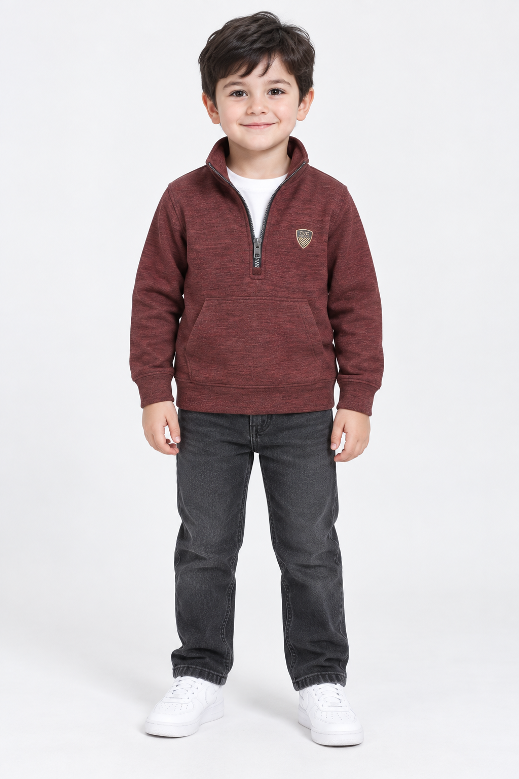 Junior Boys Merlot Melange Knitted Warm Fleece Quarter-Zip Sweatshirt – Regular Fit