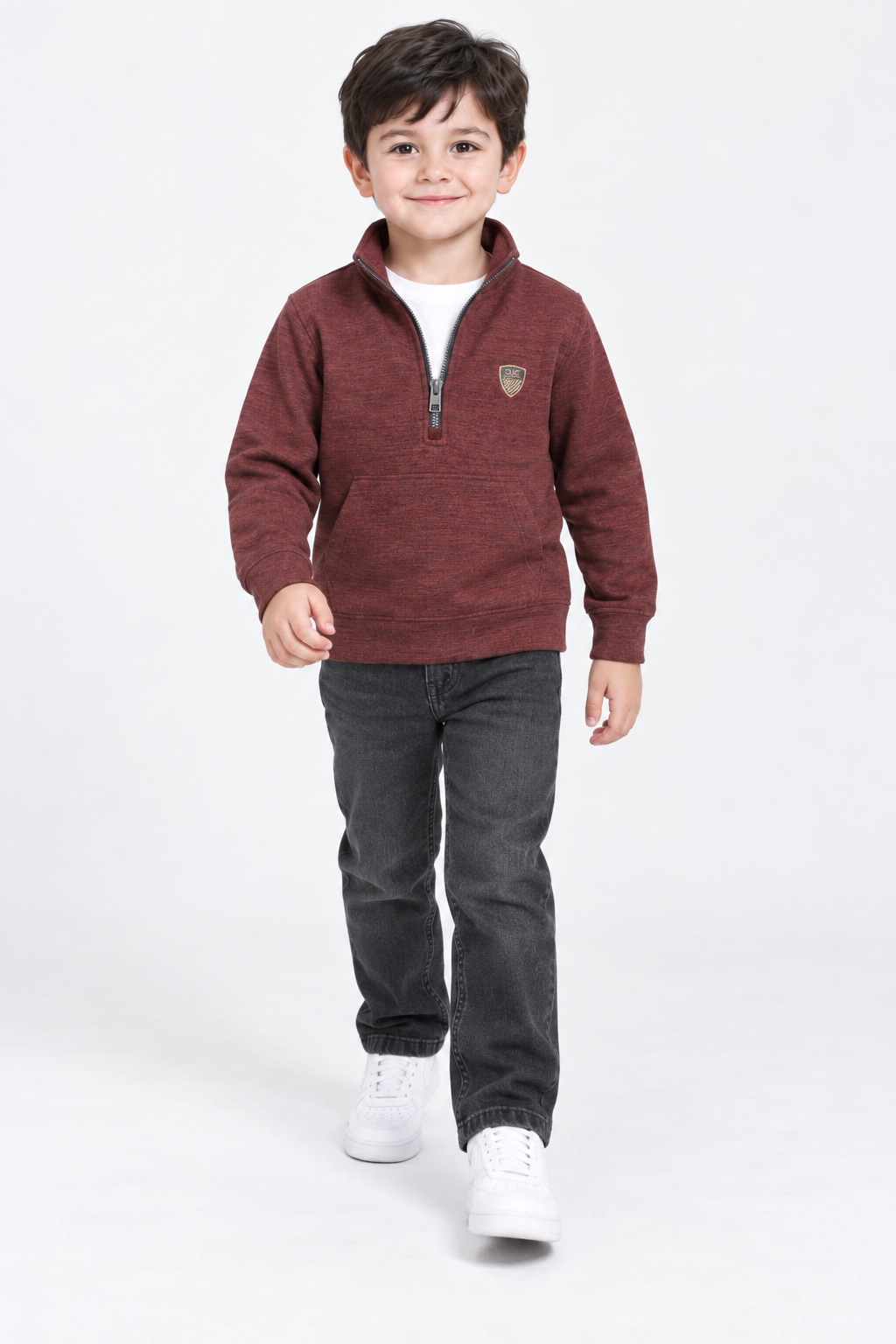 Junior Boys Merlot Melange Knitted Warm Fleece Quarter-Zip Sweatshirt – Regular Fit