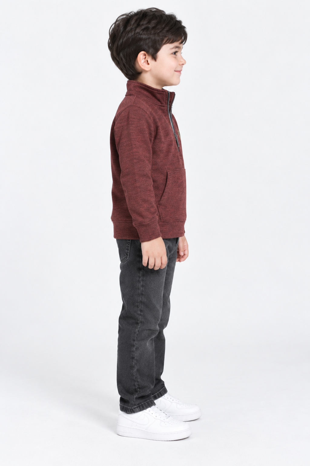 Junior Boys Merlot Melange Knitted Warm Fleece Quarter-Zip Sweatshirt – Regular Fit