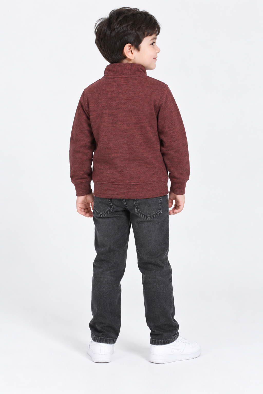 Junior Boys Merlot Melange Knitted Warm Fleece Quarter-Zip Sweatshirt – Regular Fit