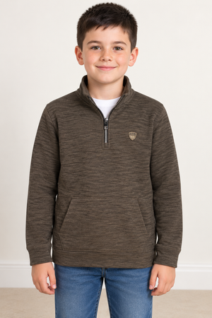 Junior Boys’ Olive Melange Knitted Warm Quarter-Zip Sweatshirt