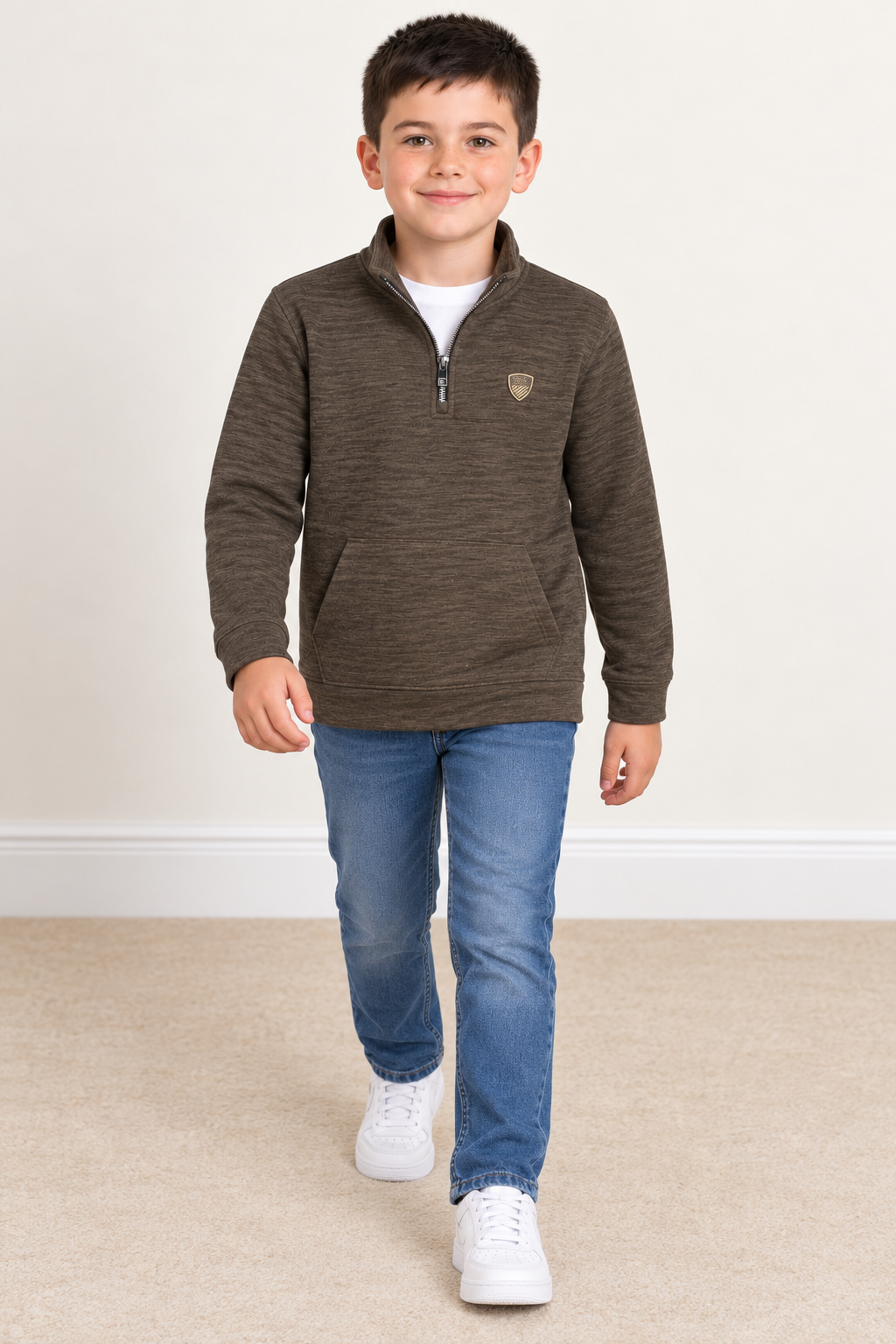 Junior Boys’ Olive Melange Knitted Warm Quarter-Zip Sweatshirt