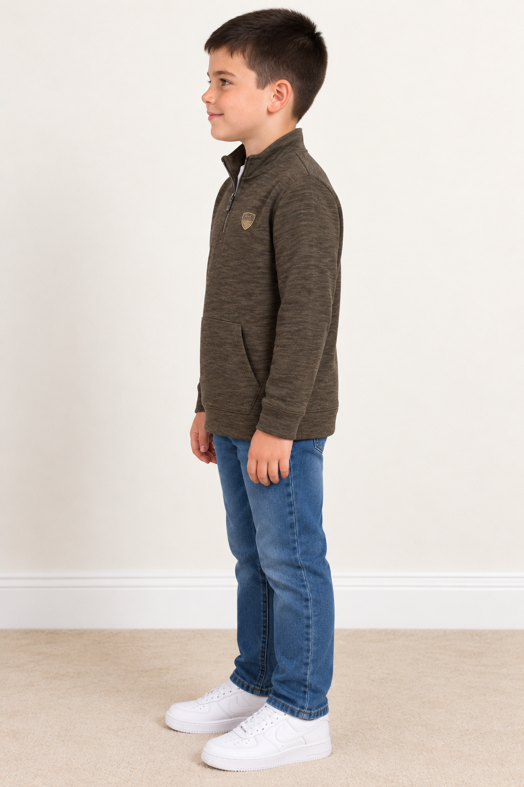 Junior Boys’ Olive Melange Knitted Warm Quarter-Zip Sweatshirt