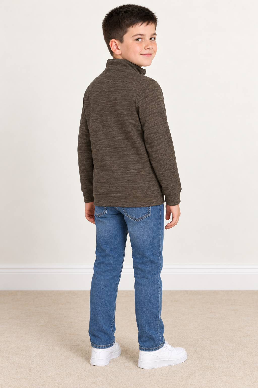 Junior Boys’ Olive Melange Knitted Warm Quarter-Zip Sweatshirt