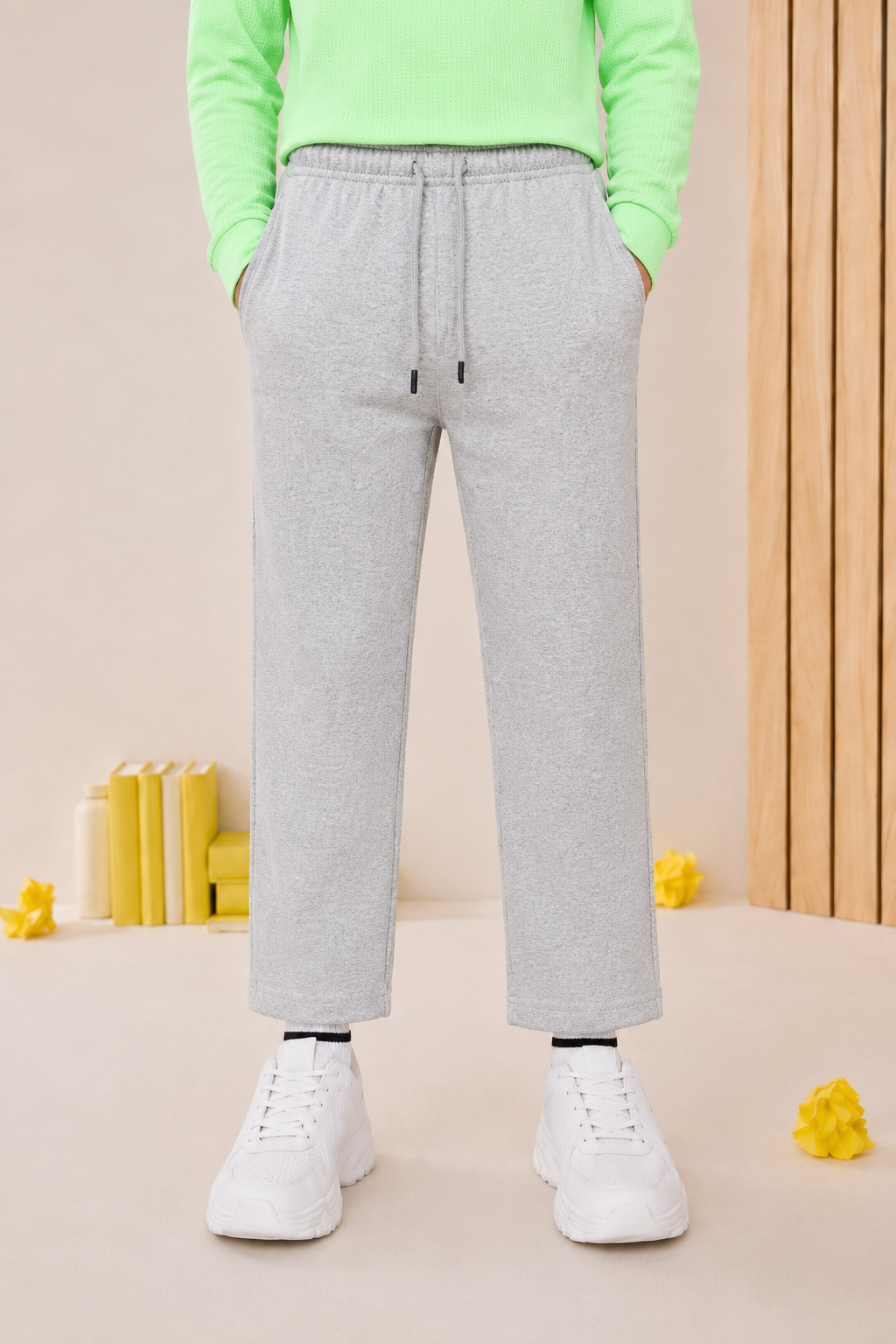 Junior Boys Grey Melange German Velvet Knitted Lower – Regular Fit Drawstring Track Pants