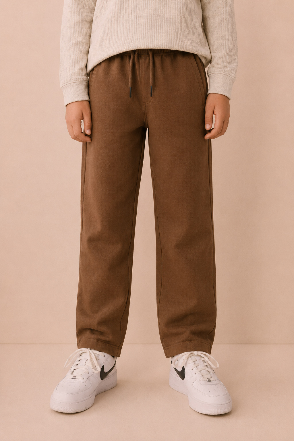 Junior Boys Tan German Velvet Knitted Lower – Regular Fit Drawstring Track Pants