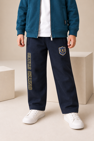 Junior Boys Dark Navy Cotton Fleece Lower – Regular Fit Graphic Track Pants