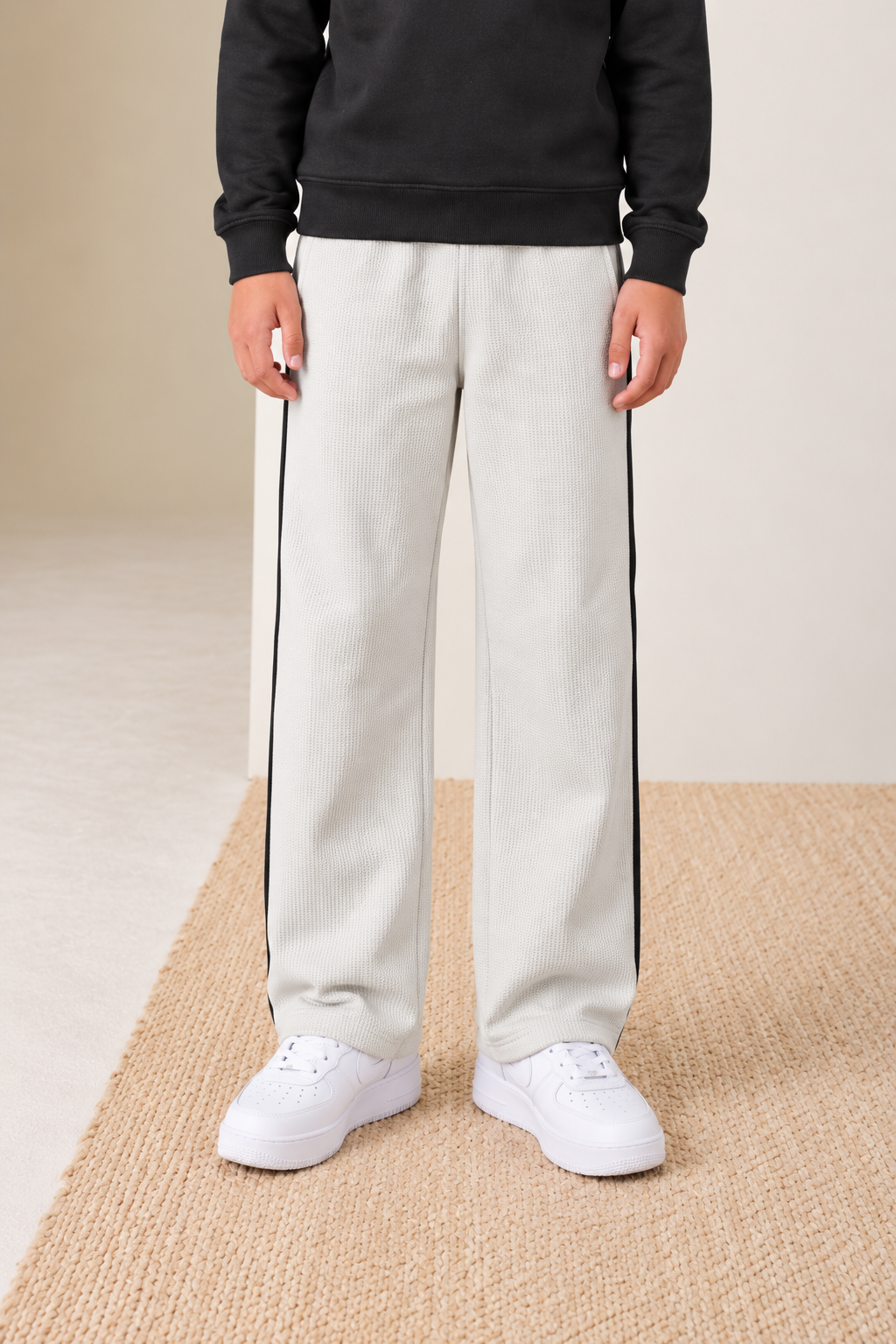 Junior Boy Bonded Waffle Ultra Warm Onyx Track Pants with Drawstring Waist