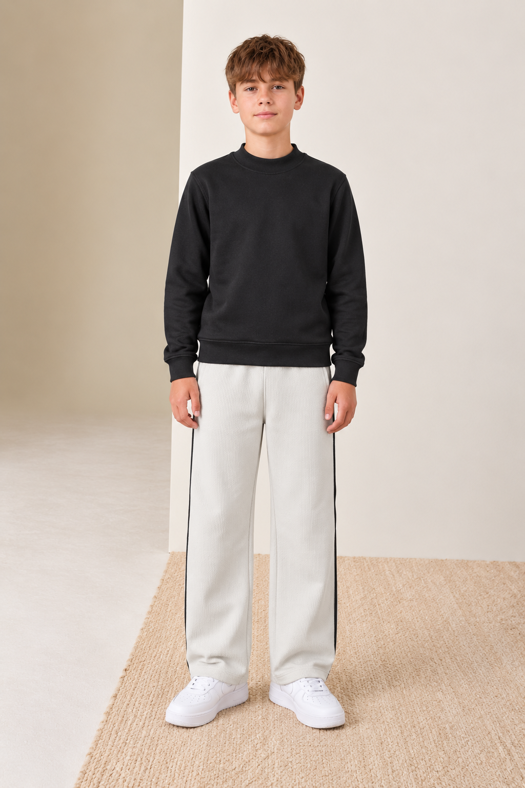 Junior Boy Bonded Waffle Ultra Warm Onyx Track Pants with Drawstring Waist