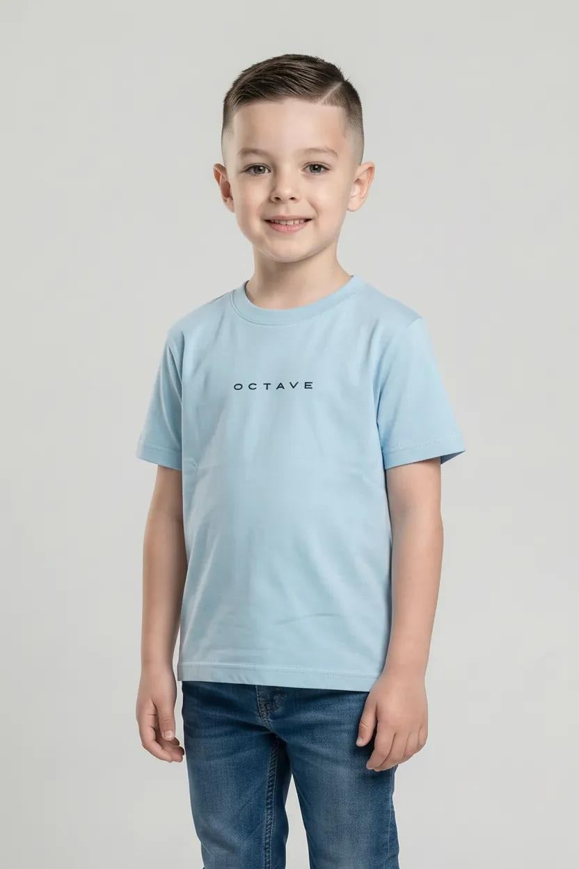 Octave Boys Delicate Blue Brand Logo Printed Cotton Tshirt