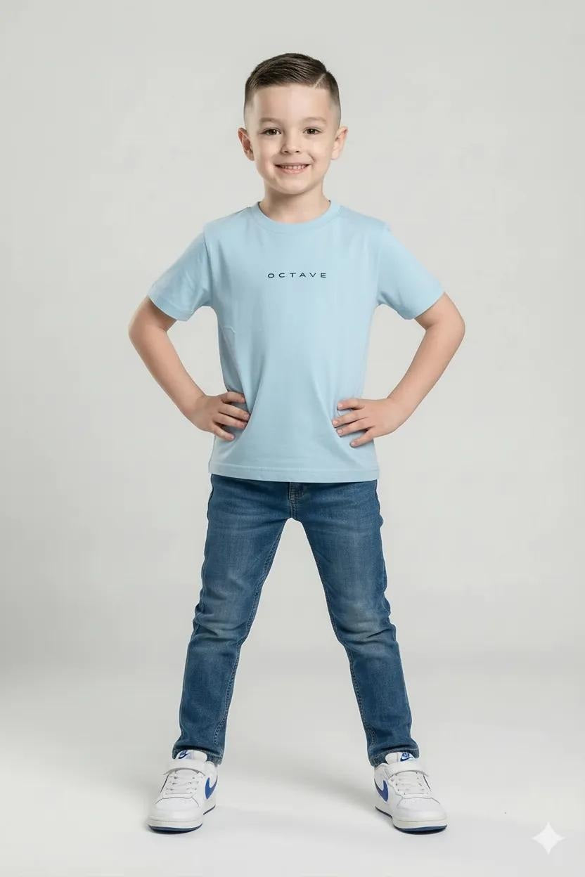 Octave Boys Delicate Blue Brand Logo Printed Cotton Tshirt