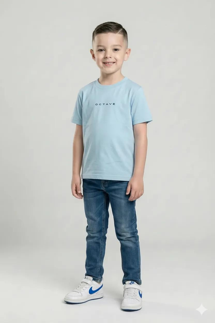 Octave Boys Delicate Blue Brand Logo Printed Cotton Tshirt