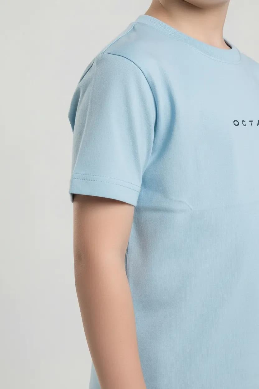 Octave Boys Delicate Blue Brand Logo Printed Cotton Tshirt