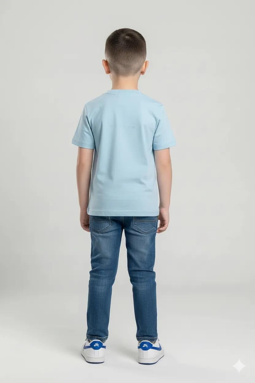 Octave Boys Delicate Blue Brand Logo Printed Cotton Tshirt
