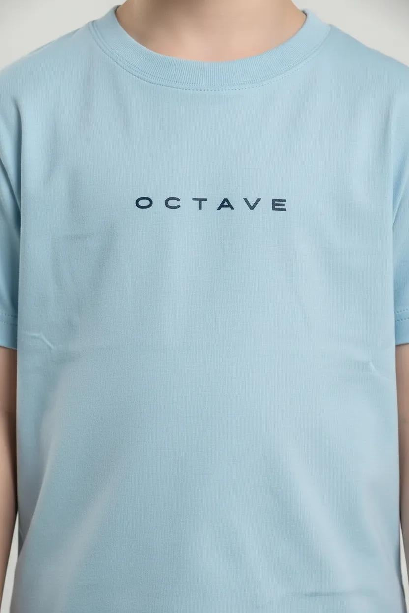 Octave Boys Delicate Blue Brand Logo Printed Cotton Tshirt