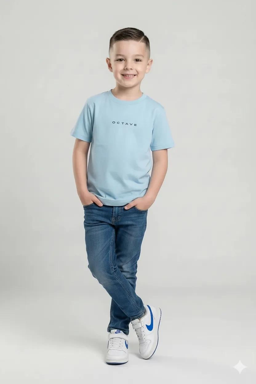 Octave Boys Delicate Blue Brand Logo Printed Cotton Tshirt