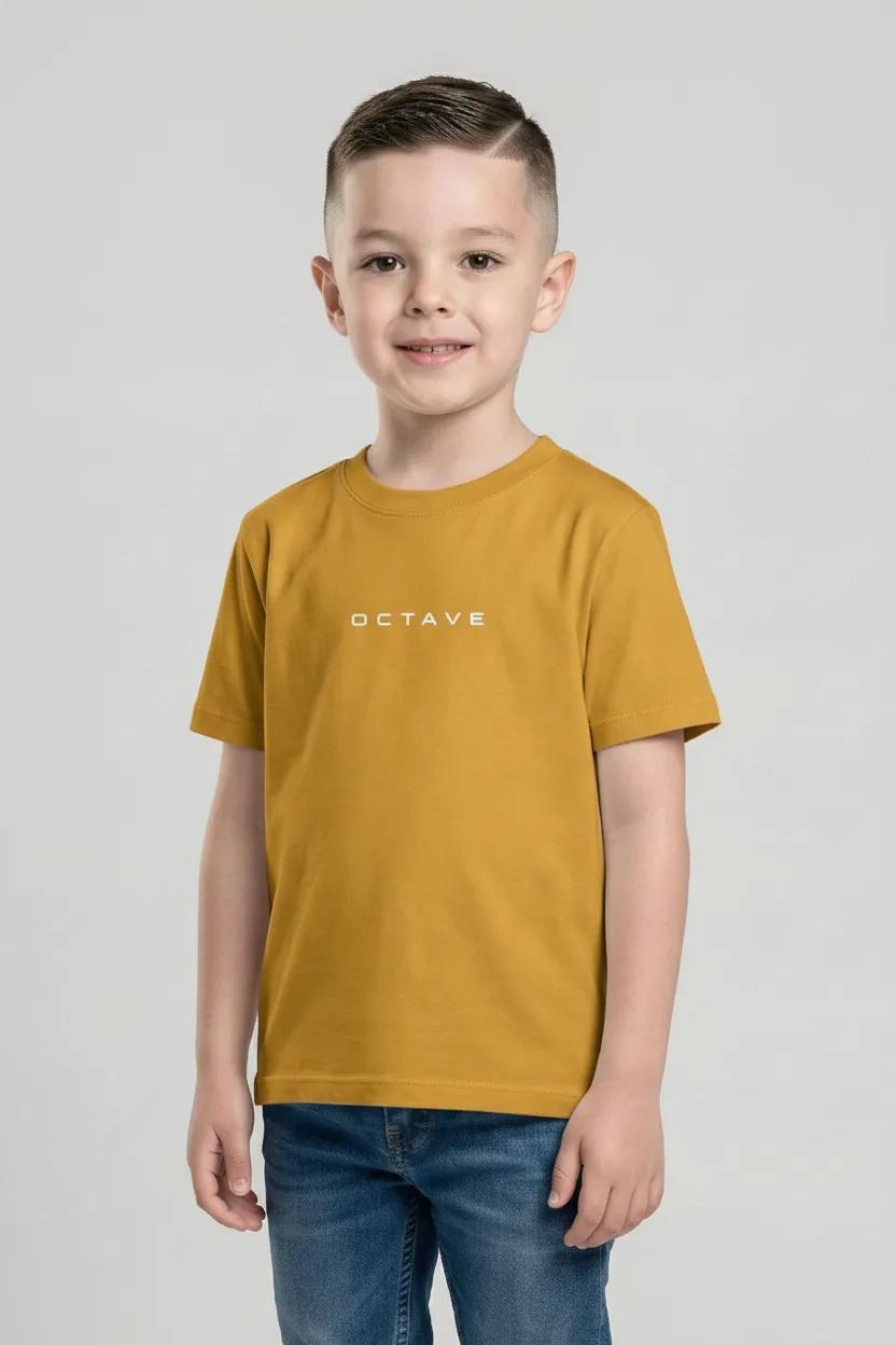 Boys Mustard Printed Cotton  Round Neck Tshirt