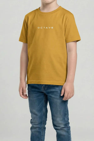 Boys Mustard Printed Cotton  Round Neck Tshirt