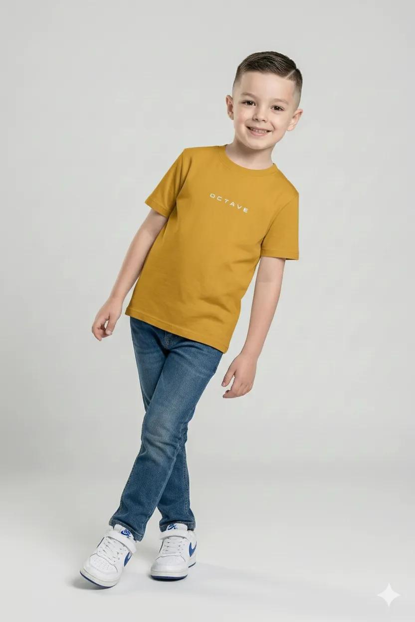 Boys Mustard Printed Cotton  Round Neck Tshirt