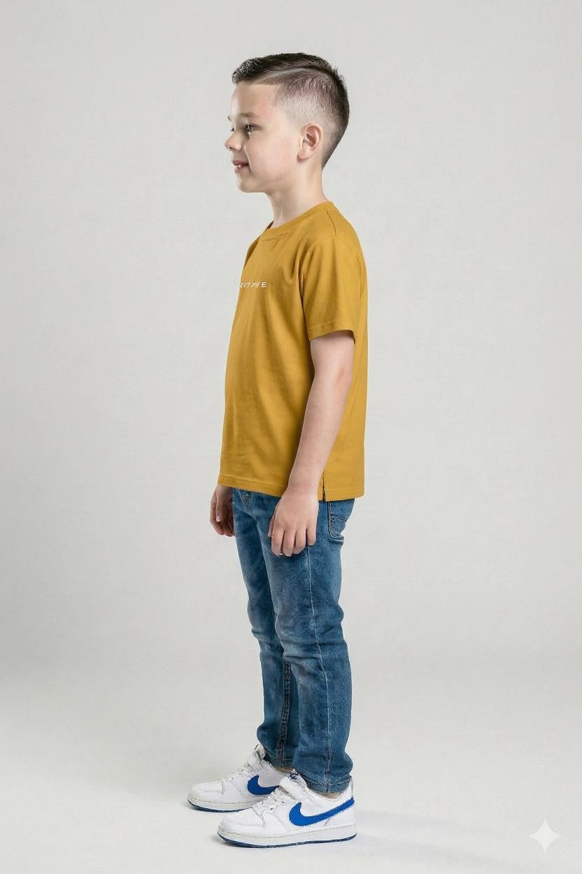 Boys Mustard Printed Cotton  Round Neck Tshirt