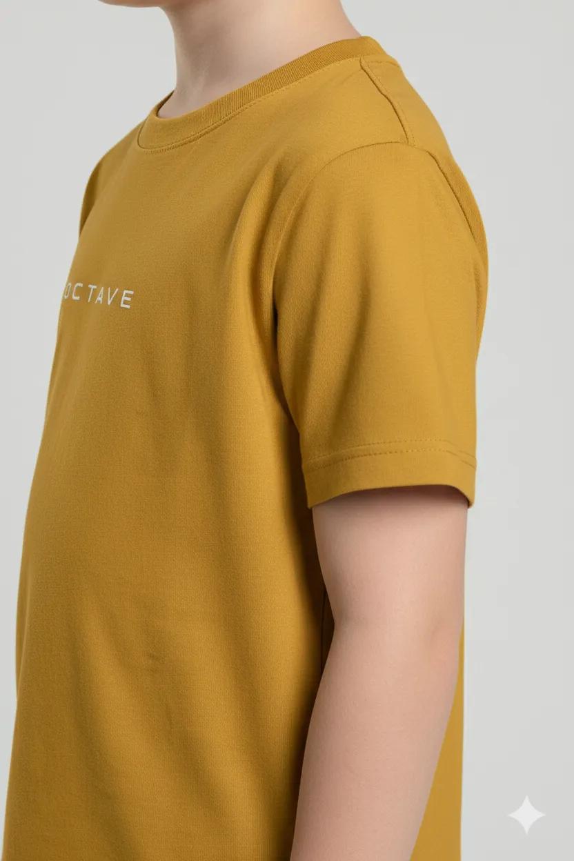 Boys Mustard Printed Cotton  Round Neck Tshirt