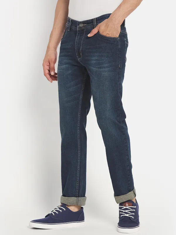 Men Navy Blue Light Fade Stretchable Jeans