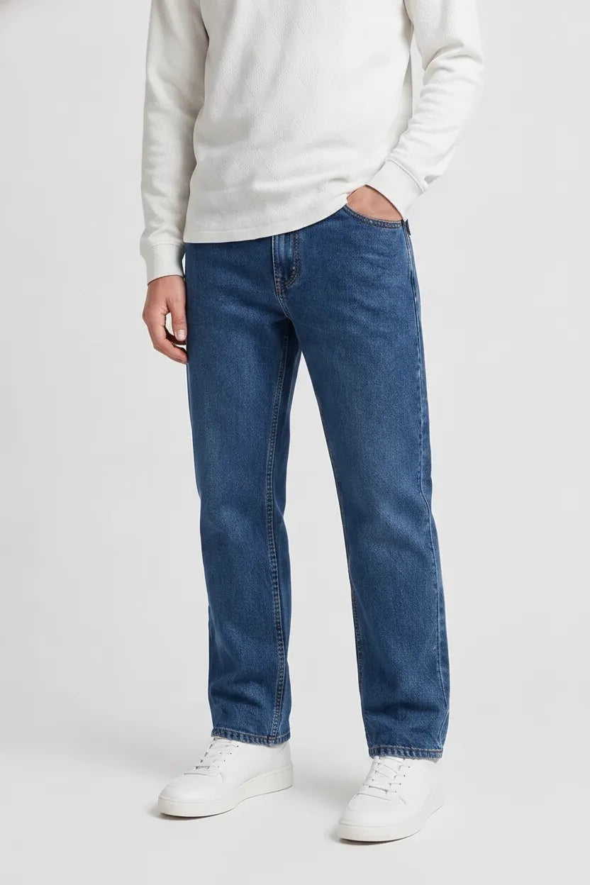 Men’s Deep Sky Straight Fit Denim Jeans | Mid-Rise Stretchable Five-Pocket Casual Jeans