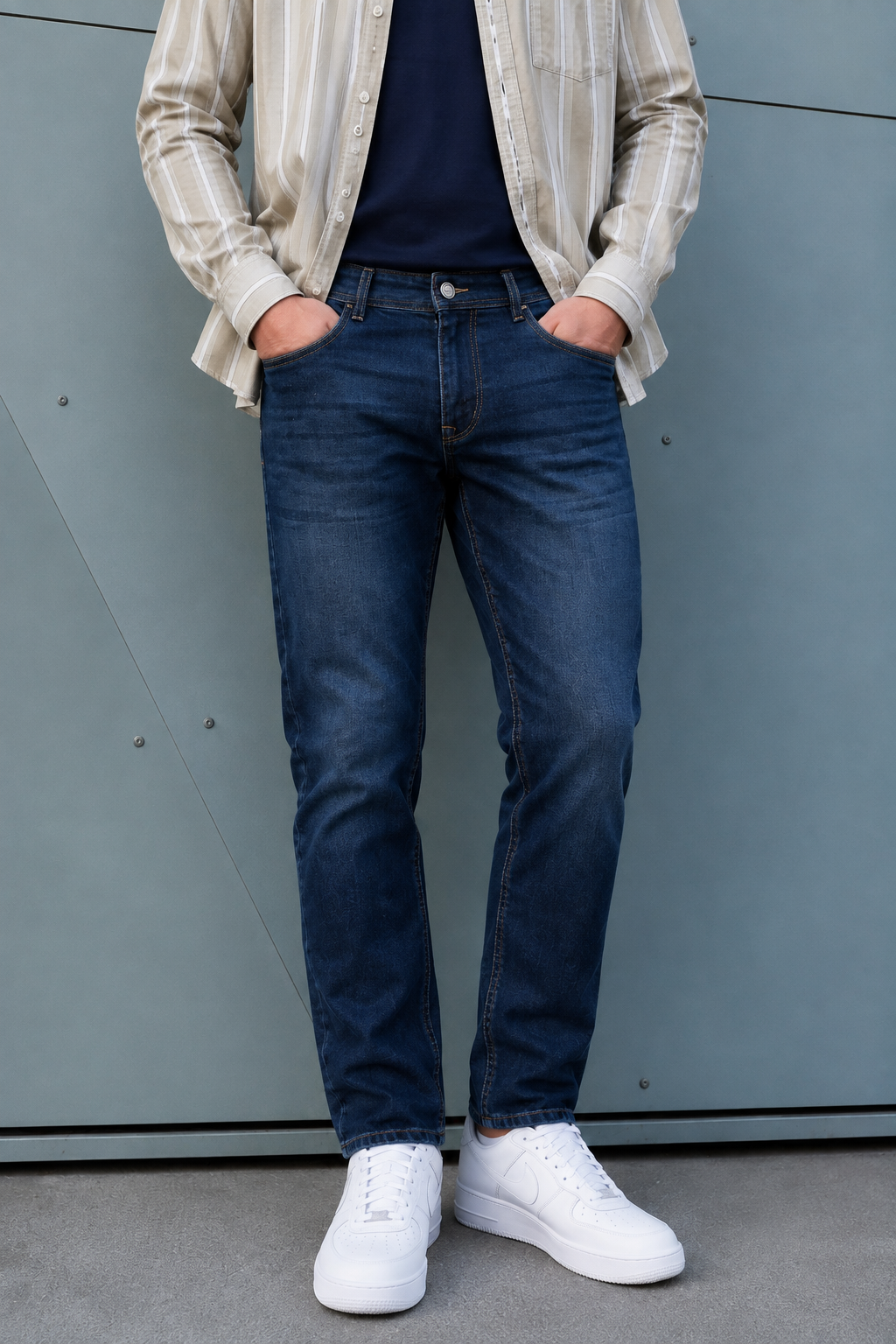 Men’s Navy Blue Denim Jeans – Regular Fit Washed Casual Jeans