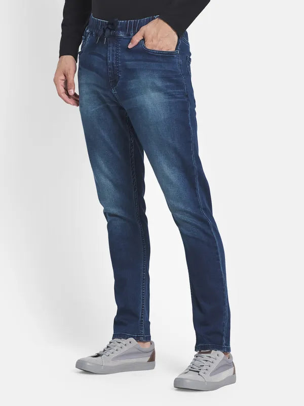 Men Blue Low Distress Heavy Fade Stretchable Jeans